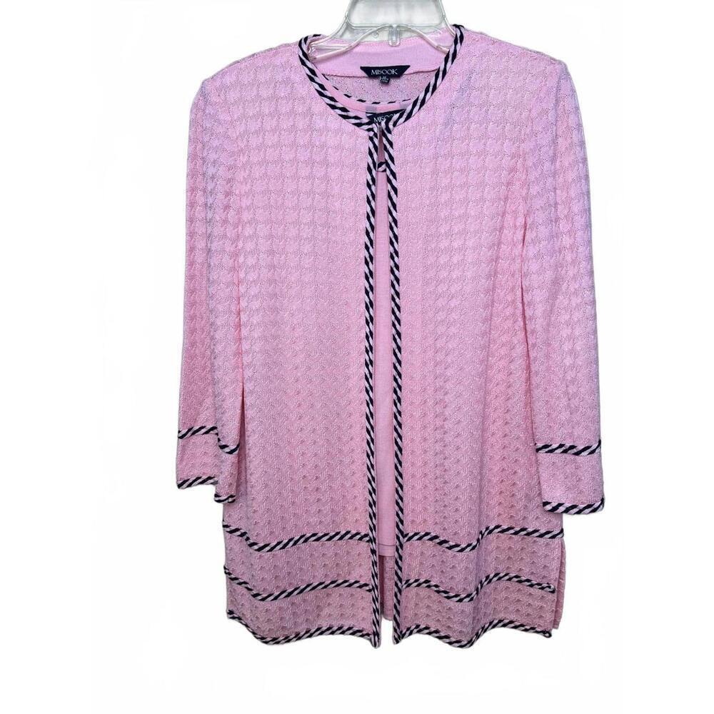 Misook Pink Knit Two-Piece Cardigan Set with Black and White Trim, Size M